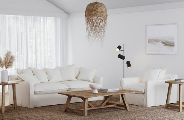 White fabric lounge in living room by instant furniture outlet